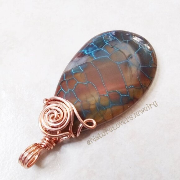 OOAK! Brown & Electric Blue Dragonvein Agate Pendant - Copper Wire Wrapped Bail - Picture 1 of 11